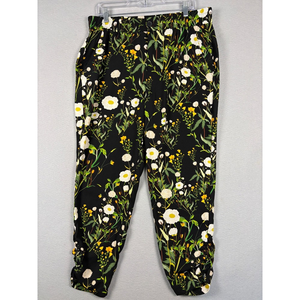 cabi 4259 Meadow Jogger Floral Print Ruched Ankle Pants Size L Black